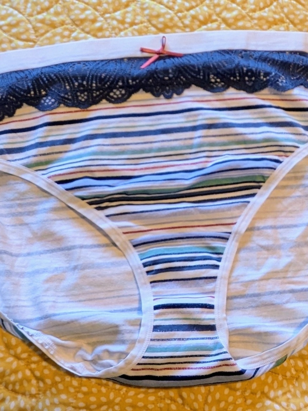 Cacique White Striped Cotton Hipster Panty Navy Lace + Pink Bow Size 22/24 NWT